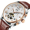 KINYUED Skeleton Automatic Watch Men Waterproof Top Brand Mens Mechanical Watches Leather Calendar Rose Gold Relogio Masculino