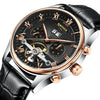 KINYUED Skeleton Automatic Watch Men Waterproof Top Brand Mens Mechanical Watches Leather Calendar Rose Gold Relogio Masculino