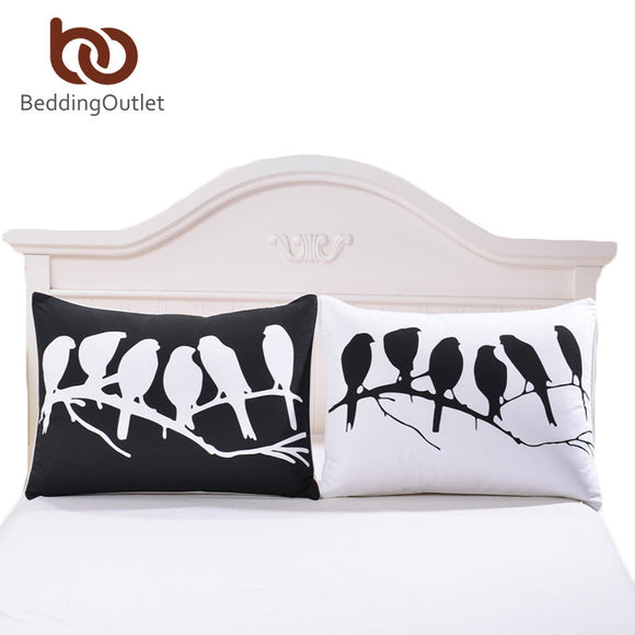 BeddingOutlet Birds Pillowcase Cover Black and White Bedclothes Plain Printed Decorative Pillow Case Family Gift a Pair 2 Sizes