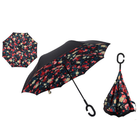 Drop Shipping Windproof Reverse Folding Double Layer Inverted Chuva Umbrella Self Stand Rain Protection C-Hook Hands For Car