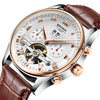 KINYUED Skeleton Automatic Watch Men Waterproof Top Brand Mens Mechanical Watches Leather Calendar Rose Gold Relogio Masculino