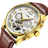 KINYUED Skeleton Automatic Watch Men Waterproof Top Brand Mens Mechanical Watches Leather Calendar Rose Gold Relogio Masculino