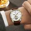 KINYUED Skeleton Automatic Watch Men Waterproof Top Brand Mens Mechanical Watches Leather Calendar Rose Gold Relogio Masculino