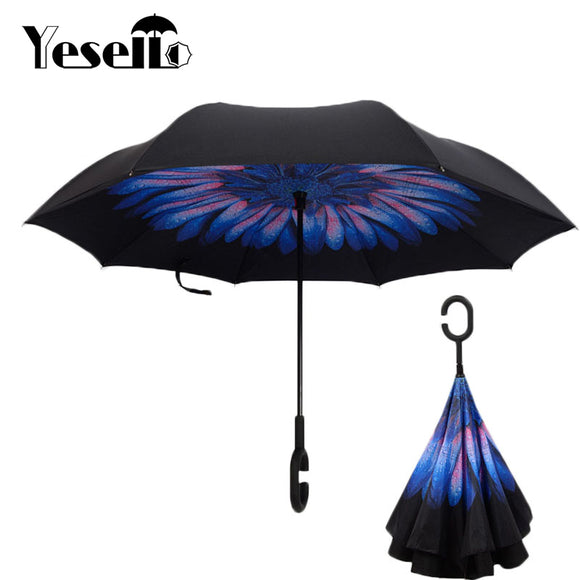Drop Shipping Windproof Reverse Folding Double Layer Inverted Chuva Umbrella Self Stand Rain Protection C-Hook Hands For Car