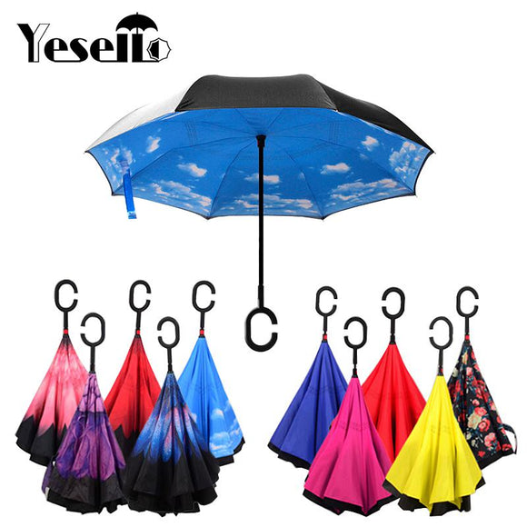 Drop Shipping Windproof Reverse Folding Double Layer Inverted Chuva Umbrella Self Stand Rain Protection C-Hook Hands For Car