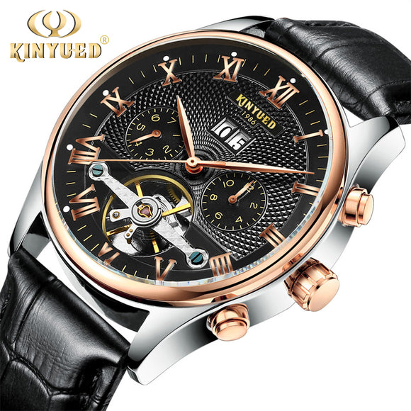 KINYUED Skeleton Automatic Watch Men Waterproof Top Brand Mens Mechanical Watches Leather Calendar Rose Gold Relogio Masculino