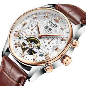 KINYUED Skeleton Automatic Watch Men Waterproof Top Brand Mens Mechanical Watches Leather Calendar Rose Gold Relogio Masculino