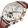 KINYUED Skeleton Automatic Watch Men Waterproof Top Brand Mens Mechanical Watches Leather Calendar Rose Gold Relogio Masculino
