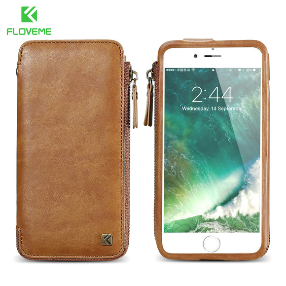 FLOVEME Vintage Wallet Case for iPhone 6 6S 7 Plus Leather Cover Zipper Handbag Card Holder Retro Phone Cases for iPhone 6 6S 7
