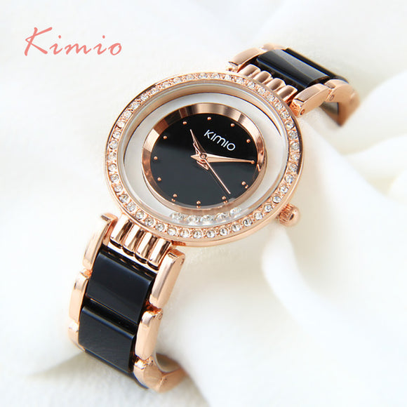Kimio ultra slim Top Brand Woman watches Fashion Ladies Crystal Clock Black Ceramics Gold Luxury Women Rhinestone Diamond Watch